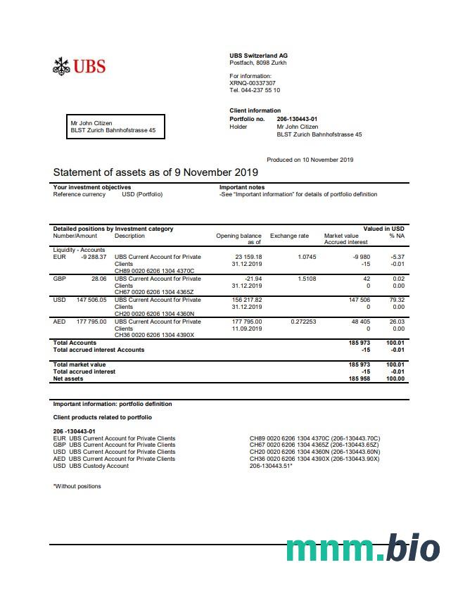 Switzerland UBS bank proof of address statement template w formacie Word i PDF format, version 1